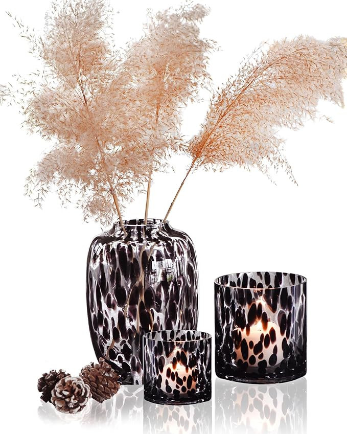 CONVIVA Decorative Glass Vase and Candle Holder Set, Fall Home Decor 3-Piece, Black Tortoise Patt... | Amazon (US)
