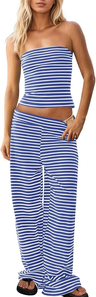 Womens Striped Two Piece Outfit Strapless Tube Top Wide Leg Pants Matching Set Summer Beach Vacat... | Amazon (US)