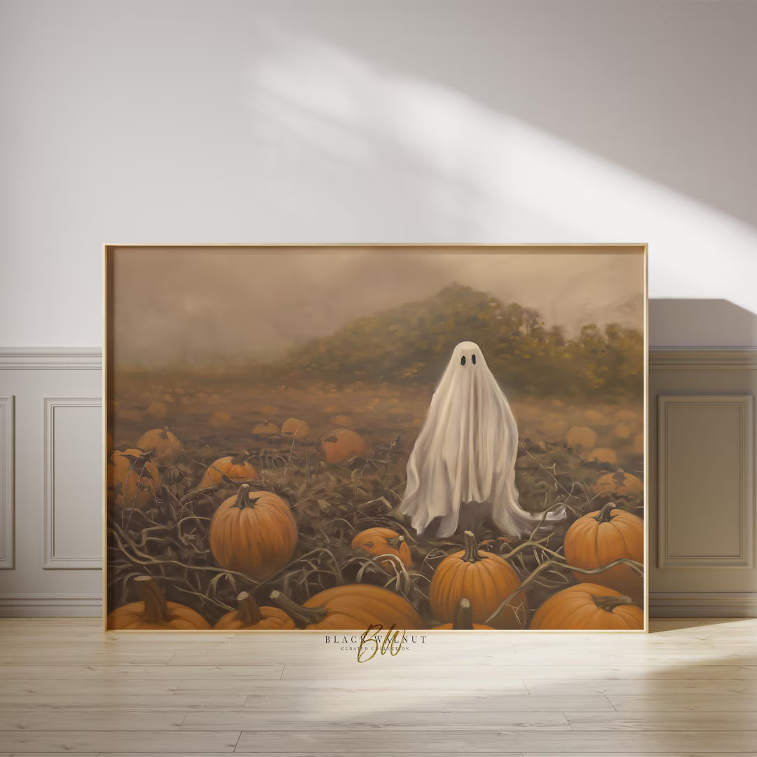 Ghost Art Print, Halloween Wall Art, Sheet Ghost in Pumpkin Patch Digital Print, Moody Spooky Eer... | Etsy (US)
