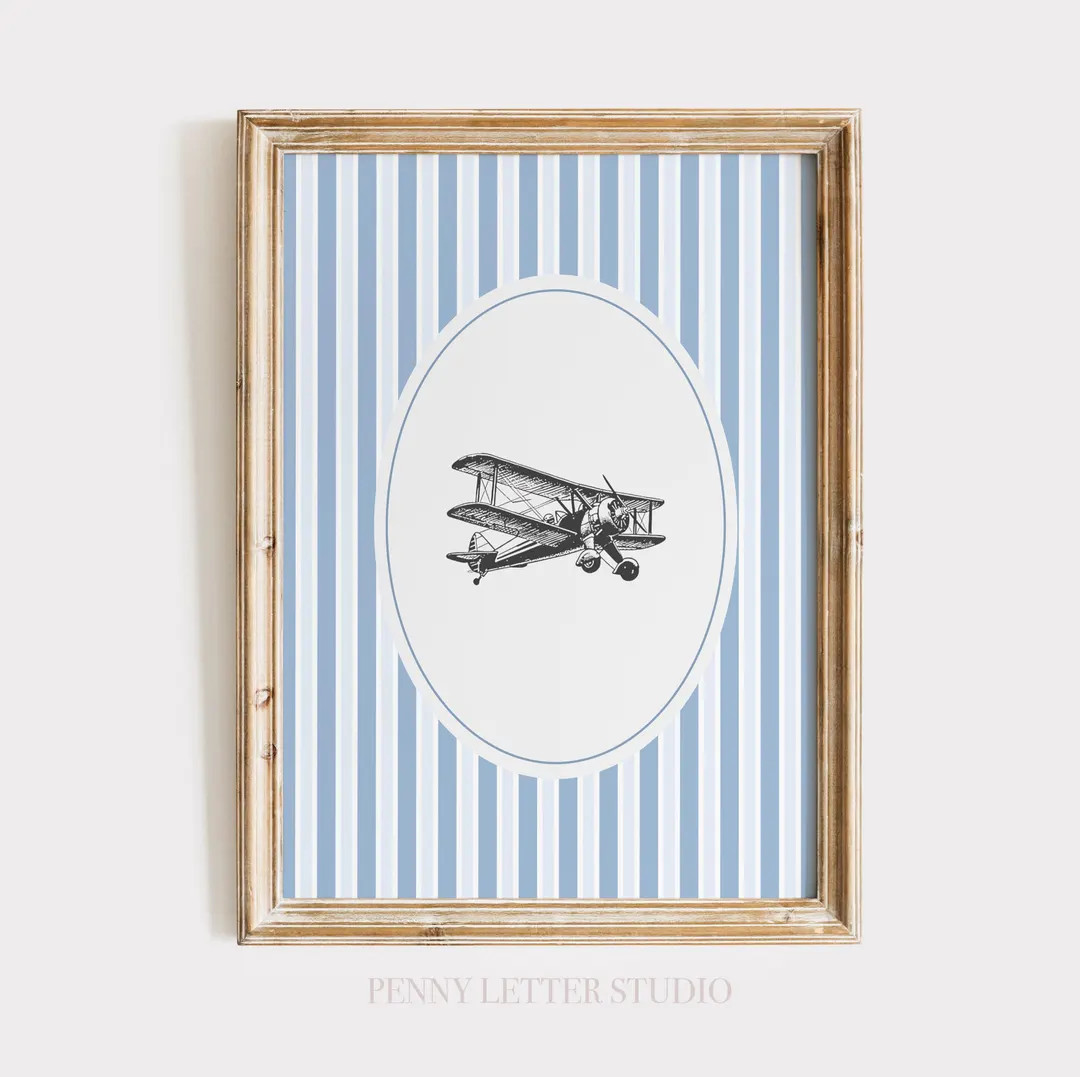 Vintage Airplane Nursery Print, Blue Stripe Aviation Wall Art, Grandmillennial Boy Room Decor, Tr... | Etsy (US)