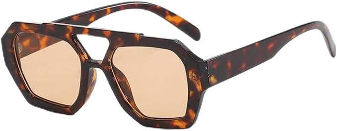 Trendy Aviator Sunglasses for Women Men Hexagonal Square Thick Frame Double Bridge Sun Glasses Sh... | Amazon (US)