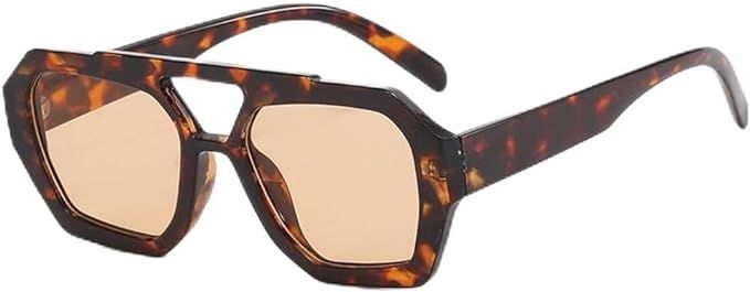 Trendy Aviator Sunglasses for Women Men Hexagonal Square Thick Frame Double Bridge Sun Glasses Sh... | Amazon (US)