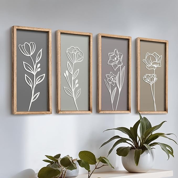 3D Wooden Floral Bathroom Wall Decor (Set of 4) Lightweight, Ready-to-Hang Framed Wall Art For Li... | Amazon (US)