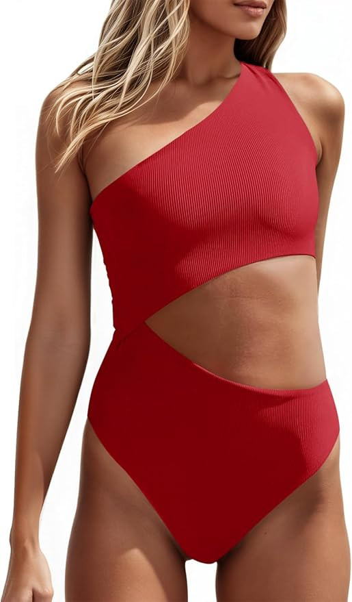 Women's One Piece Ribbed Swimsuit One Shoulder Cutout Swimwear Sexy Bathing Suit | Amazon (US)