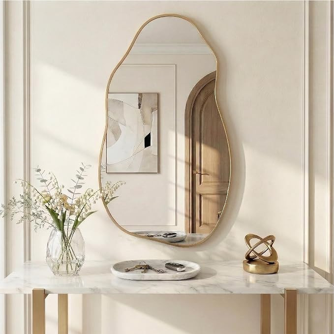 Asymmetrical Wall Mirror 36"x20", Large Irregular Wavy Mirror for Bathroom Vanity, Matte Gold Rus... | Amazon (US)