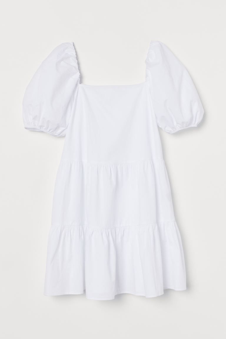 Short A-line dress in a cotton weave with gathered tiers on the skirt. Square neckline front and ... | H&M (UK, MY, IN, SG, PH, TW, HK)