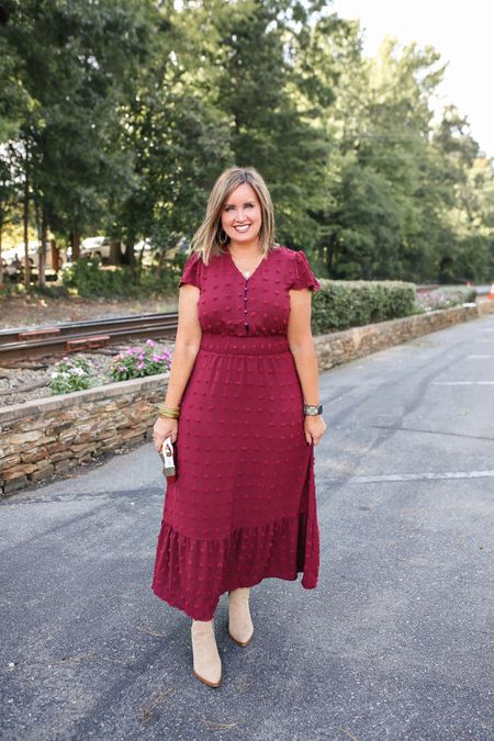 Flattering versatile Amazon dress!! Dress it up or down - cute layered with denim jacket too 
(Linked everything in my Instagram Reel - booties are old but I linked 2 very similar pairs)

Size up if in between sizes 

#LTKsalealert #LTKworkwear #LTKunder50