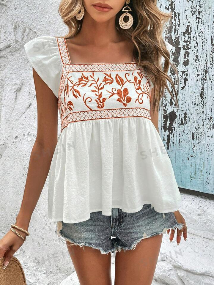 SHEIN VCAY Casual Short Sleeve Shirt With Embroidery Detail And Square Collar For Summer | SHEIN