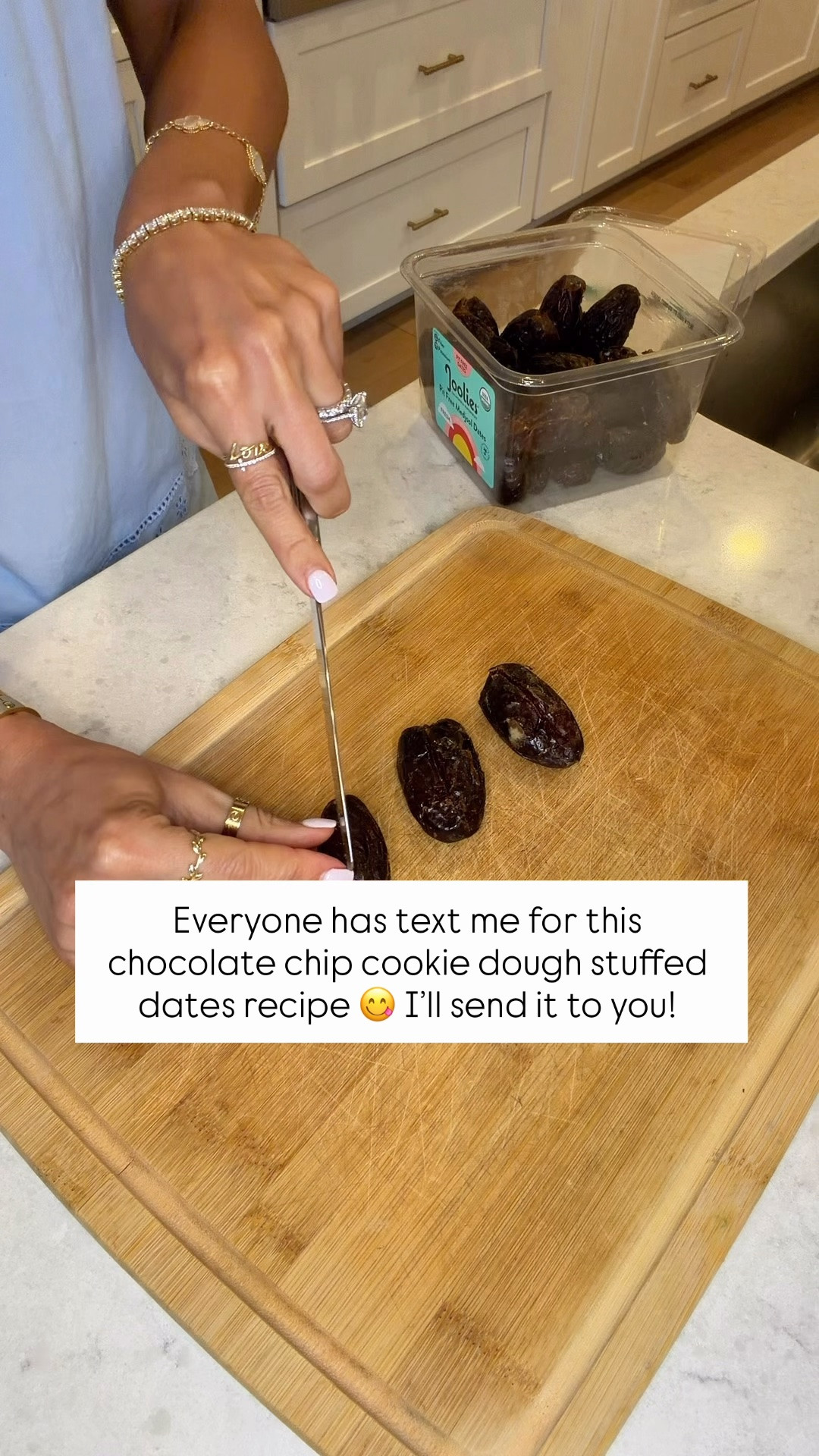 **Cookie Dough Stuffed Dates recipe from Healthy Little Vittles**

1 Medjool dates, whole
1/4 cup Maple syrup
1/4 cup Peanut butter
1 1/2 cups Almond flour
1/4 cup Dark chocolate chips, gluten-free vegan
1/4 tsp Salt
1 tsp Vanilla extract, pure

Slice open and remove the pits from your dates (if you didn’t purchase pitted dates). In a medium bowl, stir together all cookie dough ingredients until a dough forms. Spoon the cookie dough generously into the dates. Place in the fridge to set up for about 10 minutes and then transfer to a covered dish and keep in the fridge until ready to serve.