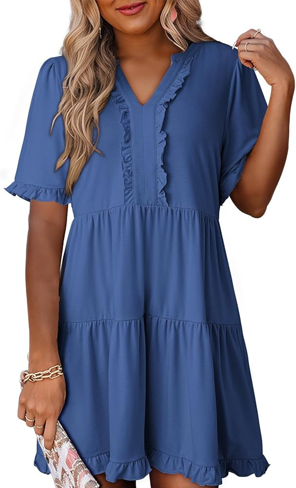 Dokotoo Womens Summer Dresses 2026 V Neck A Line Short Sleeve Casual Ruffle Babydoll Mini Dress | Amazon (US)