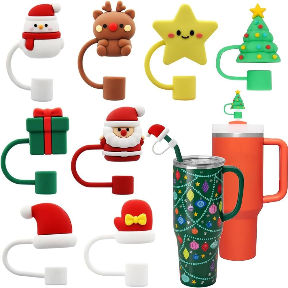 8PCS Christmas Straw Cover Cap,Cute 3D Straw Cover for Stanley 30&40 Oz Tumbler,Silicone Christma... | Amazon (US)