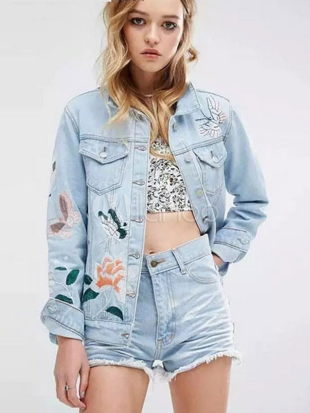 Denim Jacket Women Boyfriend Oversized Embroidered Spring Coat For Women | Milanoo