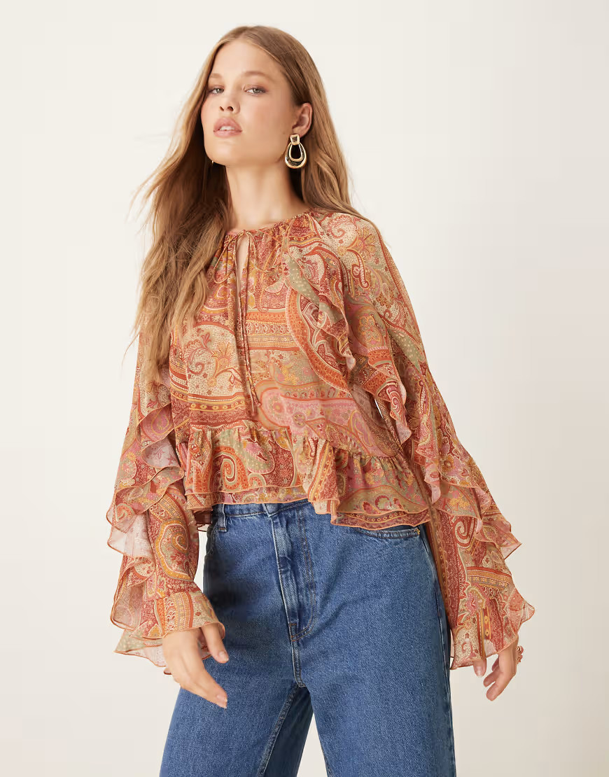 Mango bell sleeve blouse in pink paisley print | ASOS (Global)