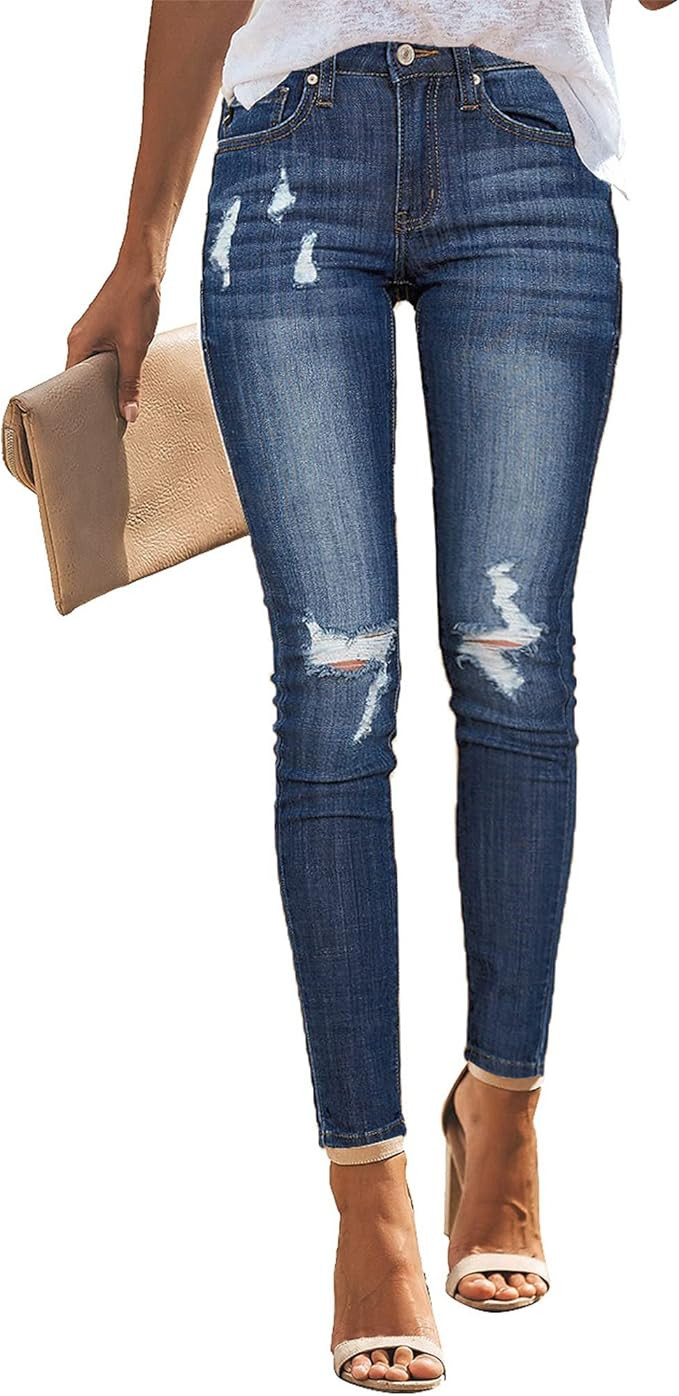 Utyful Women’s High Rise Stretchy Skinny Jeans Slim Fit Ripped Distressed Denim Jeans | Amazon (US)