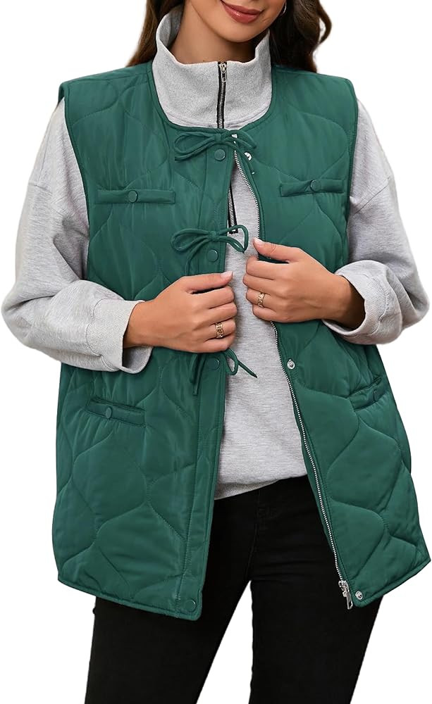 ECOWISH Women Puffer Vest Sleeveless Jacket Button Zip Up Winter Coat Quilted Padded Warm Gilet O... | Amazon (US)