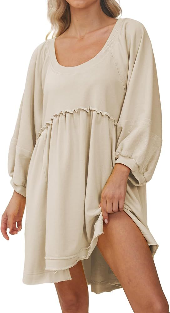 SAFRISIOR Women Oversized Pullover Sweatshirt Dress Scoop Neck Raglan Lantern Sleeve High Low Bac... | Amazon (US)