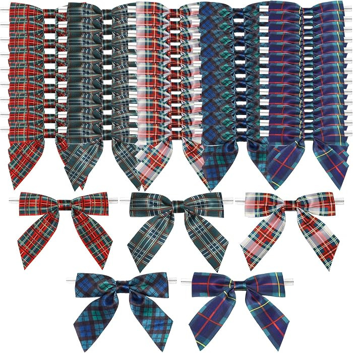 50 Pcs Christmas Plaid Bow with Twist Ties 3.5 Inch, Multicolor | Amazon (US)