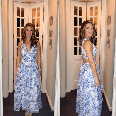 This gorgeous blue and white floral dress has the prettiest lines, feminine ruffles vertically down the front and a beautiful lace up back.  Runs TTS 

#LTKparties #LTKstyletip #LTKSeasonal