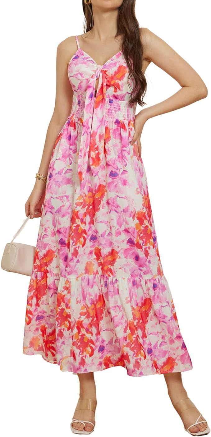 GRACE KARIN Women's 2024 Summer Beach Dress Floral V Neck Tie Front Spaghetti Strap Flowy Long Dr... | Amazon (US)