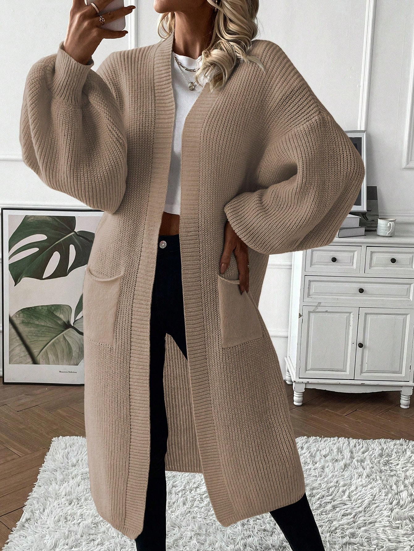 SHEIN Essnce Dual Pocket Drop Shoulder Open Front Cardigan | SHEIN