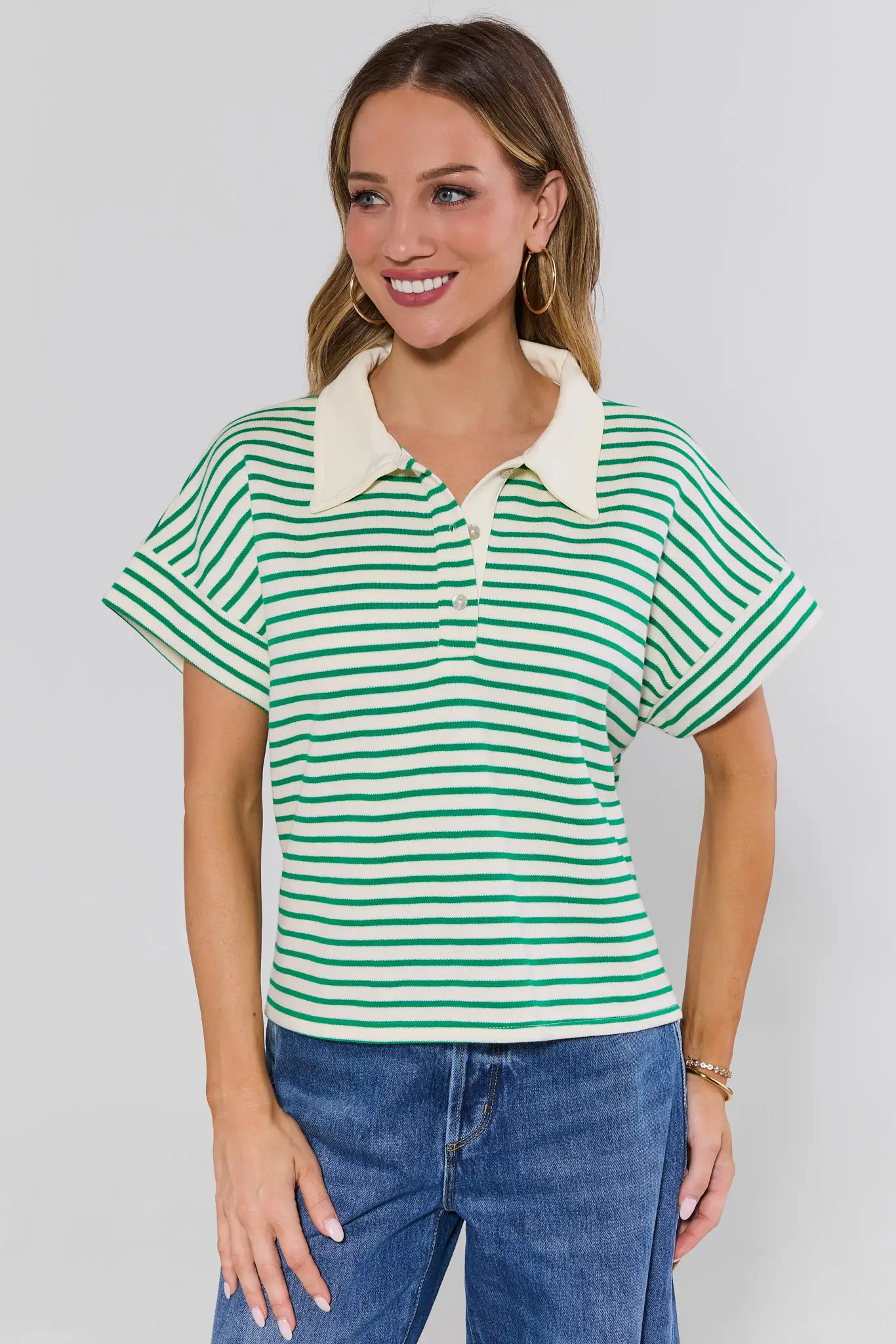 Maeve Green Striped Collared Top | Avara