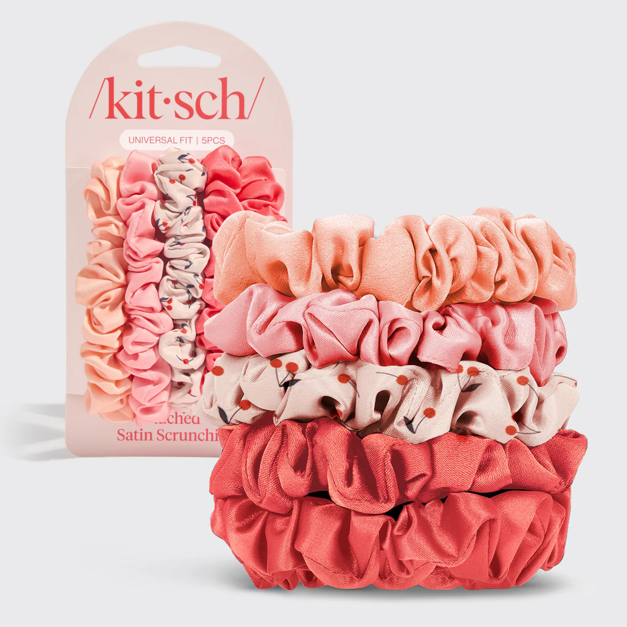 Cherry Blossom Ruched Satin Scrunchies 5pc Set | Kitsch