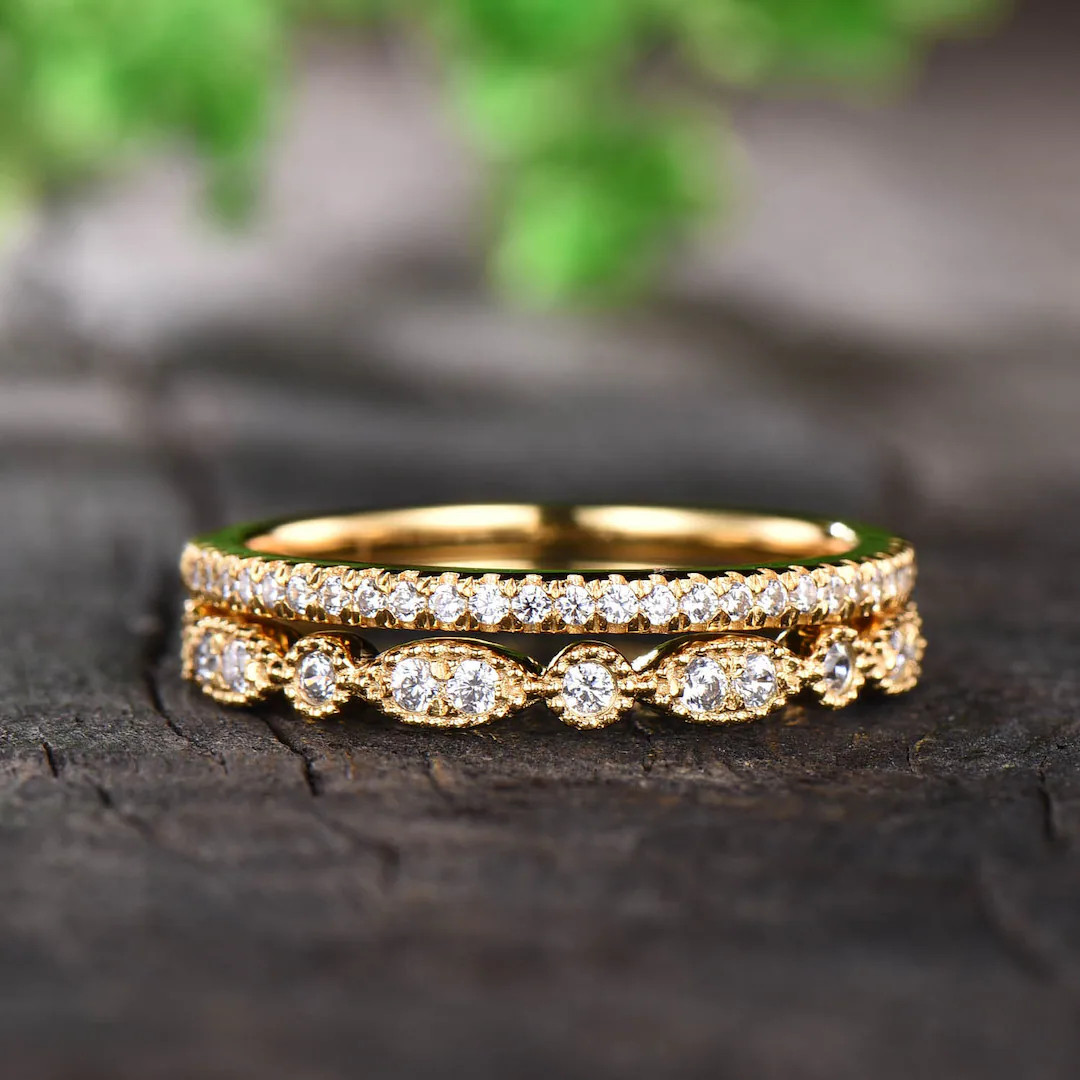 14K Yellow Gold Moissanite Wedding Set, Moissanite Wedding Band Women Vintage, Eternity Matching ... | Etsy (US)