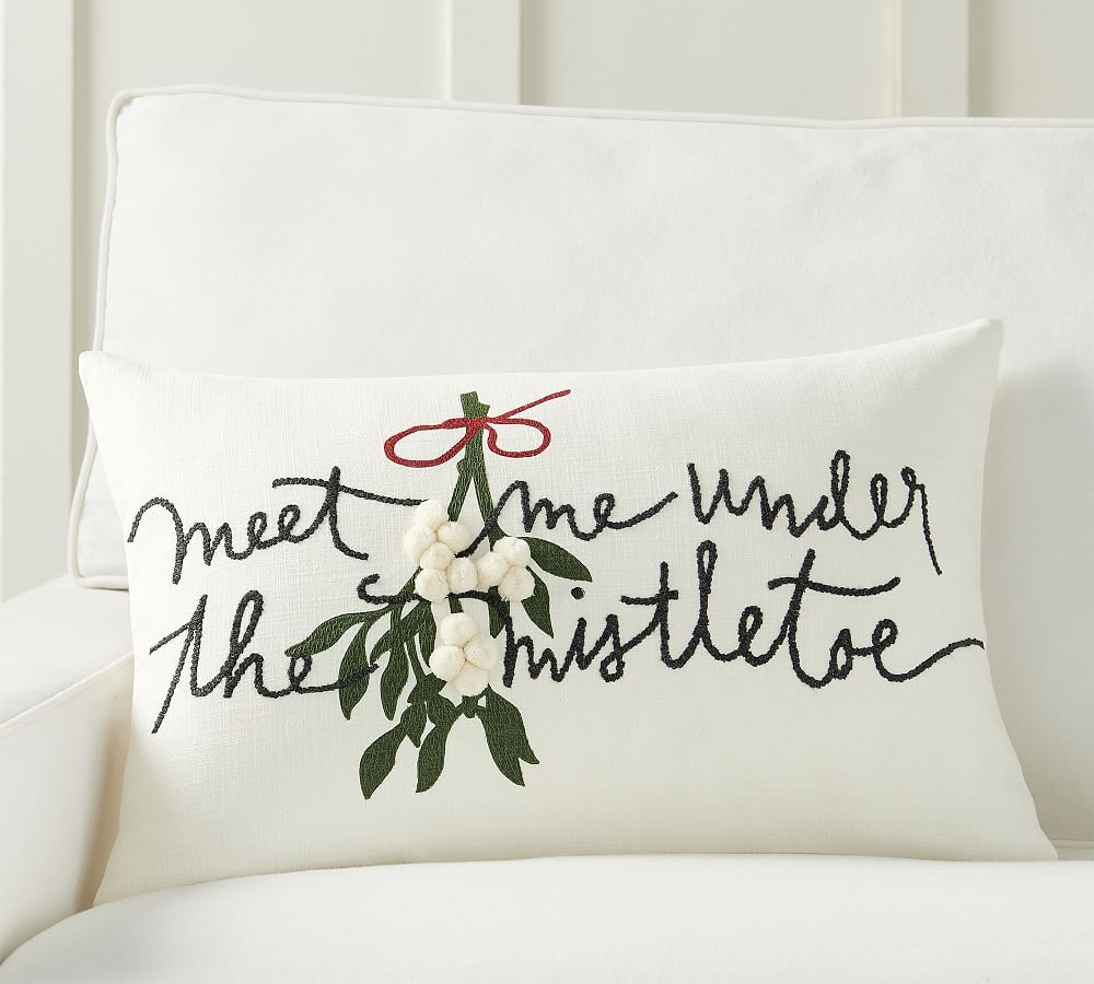 Meet Me Under The Mistletoe Embroidered Lumbar Pillow | Pottery Barn (US)