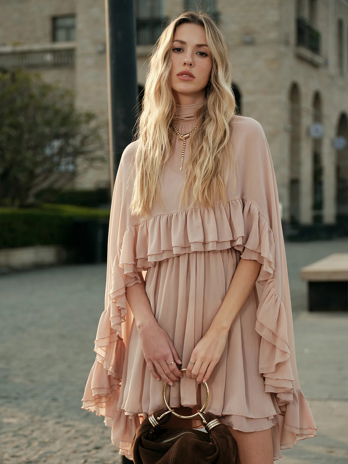 Semi-Sheer Chiffon Ruffle Dress With Outer Cape | Commense