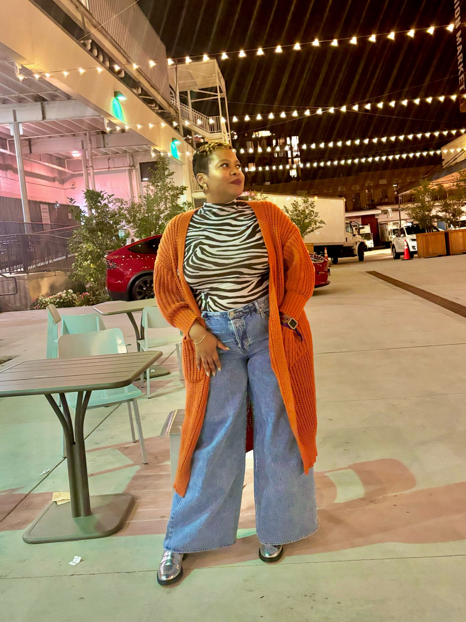 Fall outfit, jeans, wide leg jeans, super wide leg jeans, orange cardigan, silver loafers, zebra print top, plus size fashion, cardigan, loafers 

#LTKSeasonal #LTKPlusSize #LTKOver40