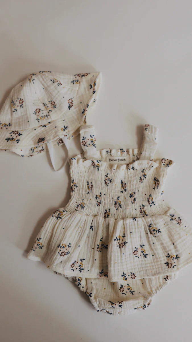Ivory with Flowers | Muslin Romper & Hat | Forever French