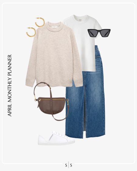 Monthly outfit planner: APRIL: Spring transitional looks | denim skirt, neutral sweater, white tee, sling bag 

See the entire calendar on thesarahstories.com ✨ 

#LTKstyletip