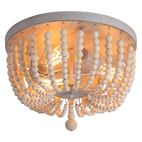 Q&S Wood Beaded Chandelier,Boho Farmhouse Light Fixture,Oak White,3 Lights,Semi Flush Mount Ceiling  | Amazon (US)