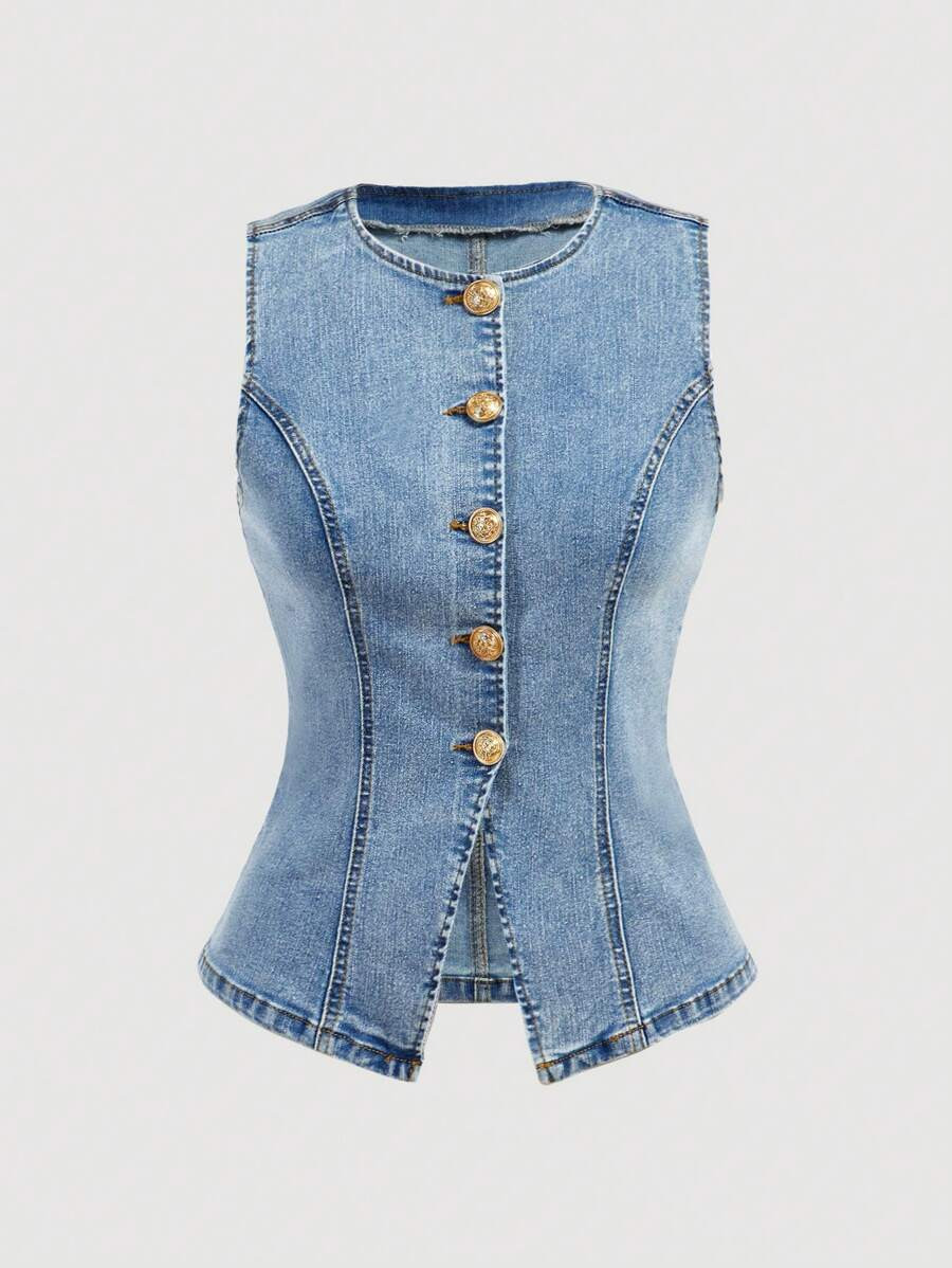 SHEIN MOD Women's Casual Washed Button Front Sleeveless Denim Shirt | SHEIN