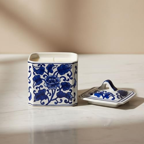 Small Chinoiserie Scented Candle with Lid for Men and Women - Decorative Ceramic Pillar Candle for Indoor and Outdoor Areas - Votive Style for Living Room, Bedroom, and Bathroom - 6", Blue & White | Amazon (US)