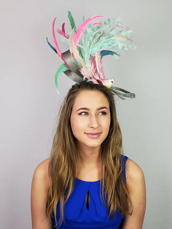 colorful kentucky derby hat fascinator silver gray  bow looped bow sinamay pink blue green mint t... | Etsy (US)