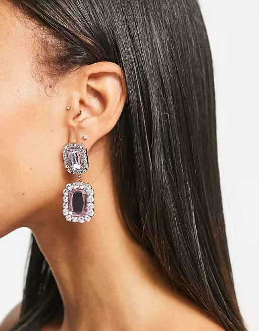 ASOS DESIGN earrings with double drop lilac crystal in gold tone | ASOS (Global)