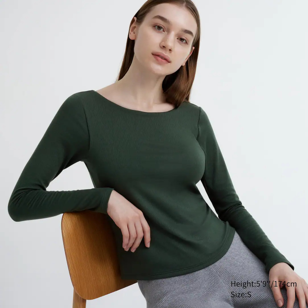 HEATTECH Ribbed Scoop Neck Long Sleeved Thermal Bra Top | UNIQLO (UK)