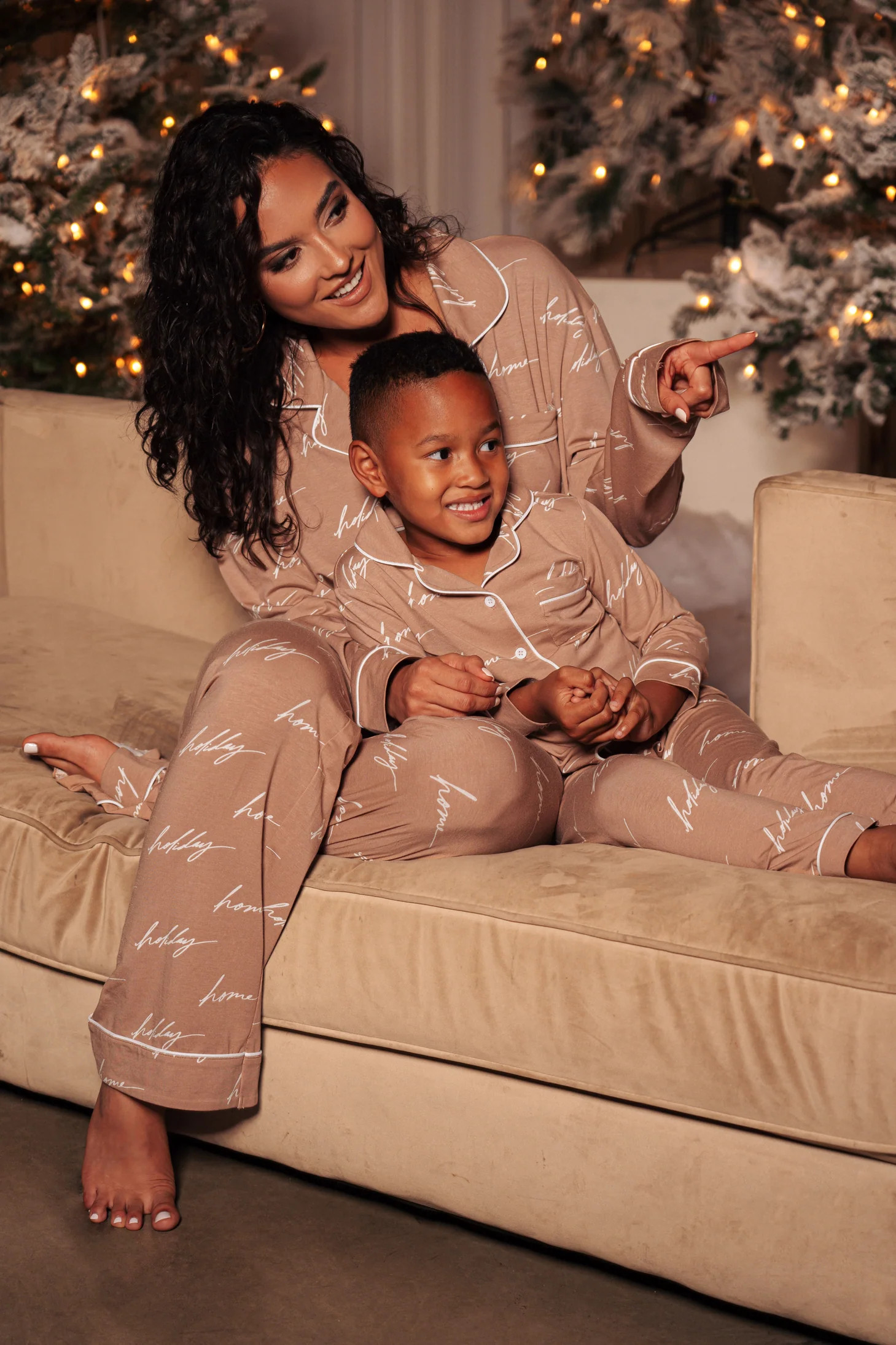 Beige Home For The Holidays Kids Pajama Set | JLUXLABEL