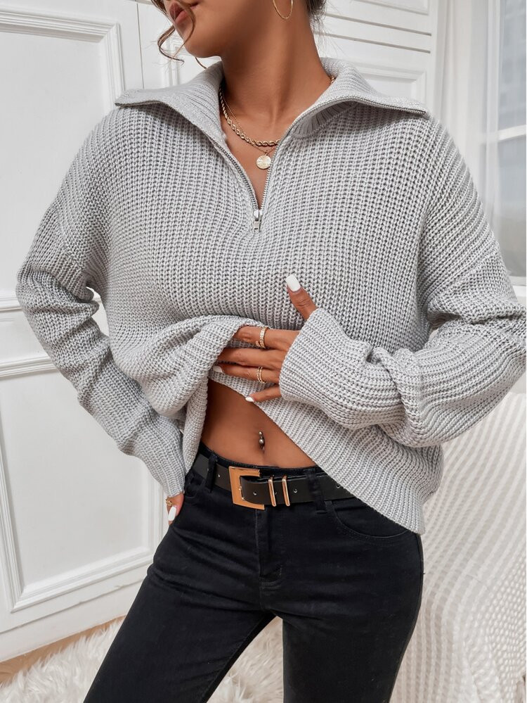 Ribbed Knit Half Zipper Drop Shoulder Sweater | SHEIN