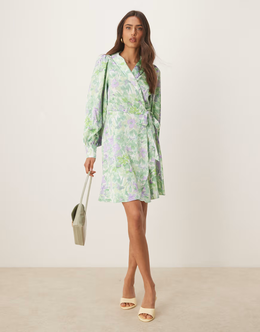 Vila satin wrap mini dress in summer green floral print | ASOS (Global)