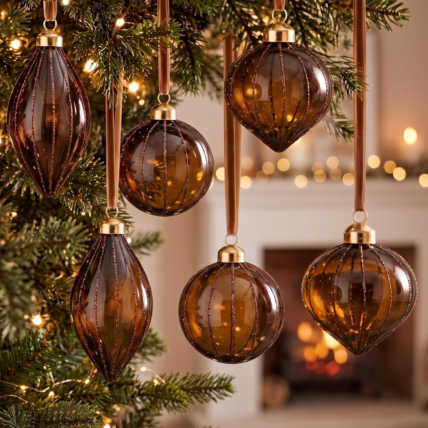 6 Pcs Amber Brown Glass Christmas Ornaments for Xmas Tree Decor | Amazon (US)