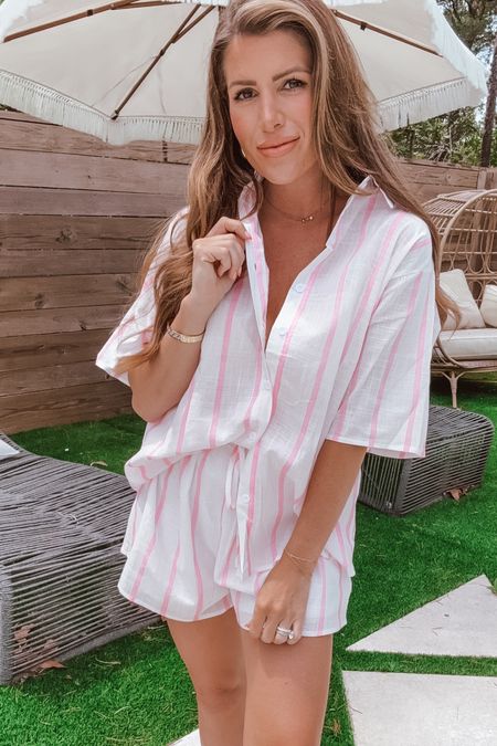 Pink and white stripe matching set for beach or pool this summer! 
Can mix and match top or wear unbuttoned with white tank under! 

Use code JESSFAY 