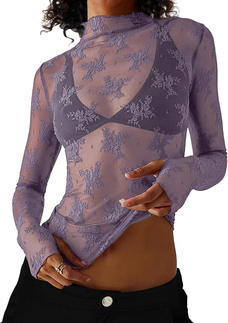 PICPUNMAK Women See Through Floral Embroidery Long Sleeve T Shirt Sexy Mesh Sheer Mock Neck Layer... | Amazon (US)