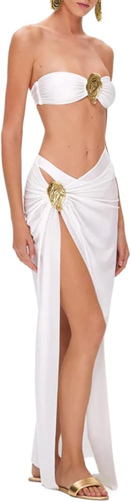 Women's 3 Piece Swimsuit Triangle Bikini Set Elegant Swimwear with Cover Up Beach Skirt | Amazon (US)