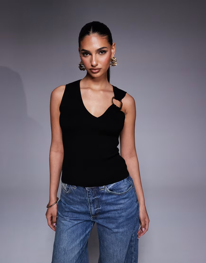 ASOS DESIGN knit structured top with gold metal ring detail in black | ASOS (Global)