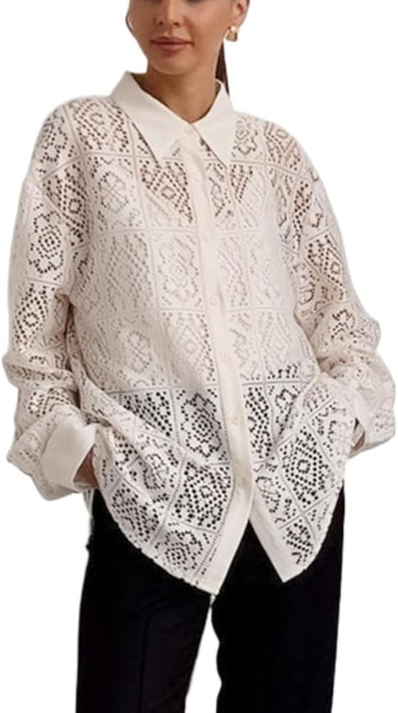 Women's Casual Tops Hollow Lace Pane Flower Printed Knitted Blouse Long Sleeve Button Down White ... | Amazon (US)