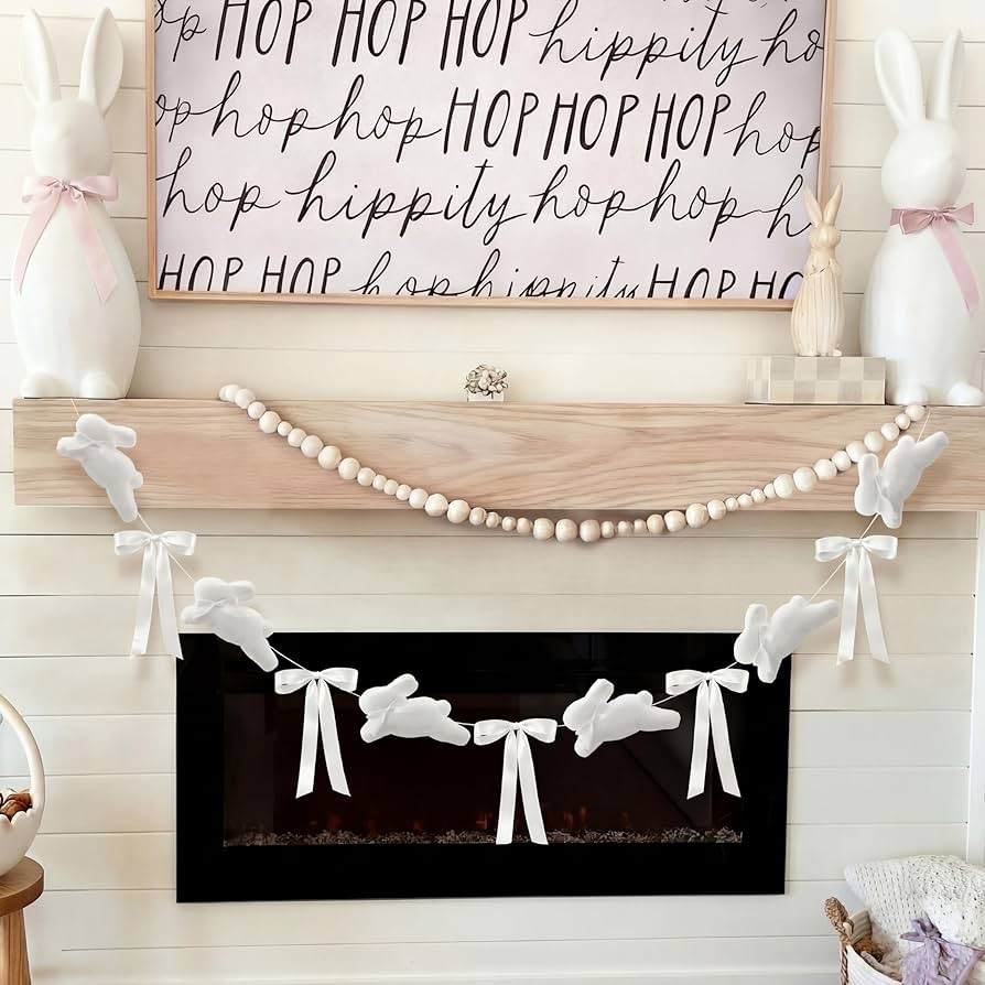 8.2ft White Flocked Easter Bunny Garland with Large Satin Bows, Handmade Rustic Farmhouse Spring ... | Amazon (US)