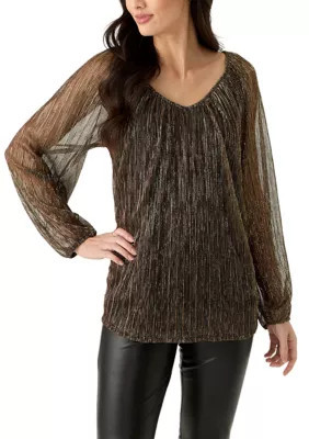 AGB Women's Long Sleeve V-Neck Lurex Top, Gold, Small | Belk