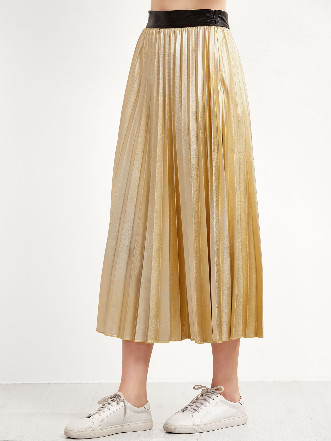Golden Contrast Waist Pleated Skirt | SHEIN